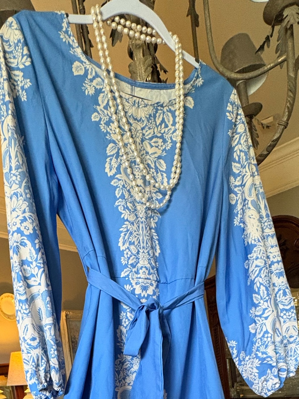 Blue Floral Midi/Maxi Dress with Tie Empire Waist - Picture 3 of 11